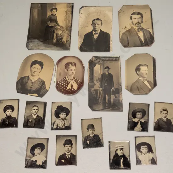 17 assorted small antique American tintype portrait photographs including 10 "gem" size portraits. Largest is H75 W60,