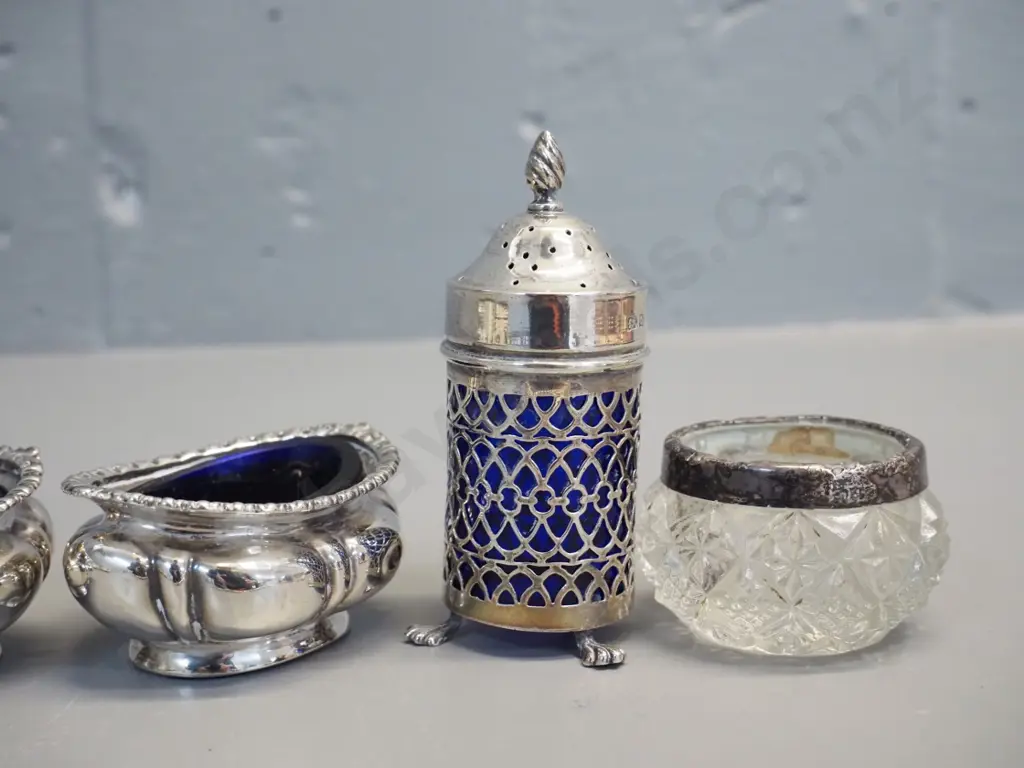 sterling silver items - pair of open salts w/ blue glass liners, sterling rimmed cut glass salt, blue lined pepper pot, Image 1++
