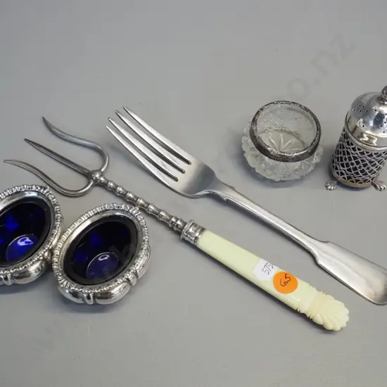 sterling silver items - pair of open salts w/ blue glass liners, sterling rimmed cut glass salt, blue lined pepper pot,