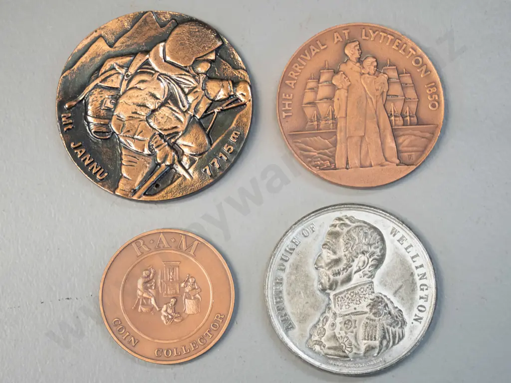 5 items - 1975 New Zealand Himalayan Expedition Mt Jannu medallion, Duke of Wellington Waterloo commemorative medal, Image 1++
