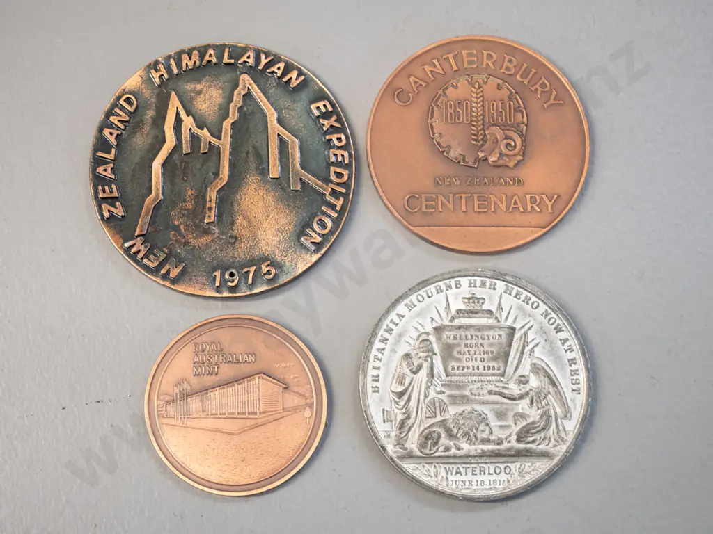 5 items - 1975 New Zealand Himalayan Expedition Mt Jannu medallion, Duke of Wellington Waterloo commemorative medal, Image 1++