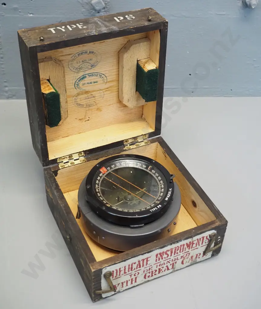 WWII era Type P8 compass fitted into wooden case - faint stamps : Admiralty Compass, Slough, 1941. Compass Diameter 130 Image 1++