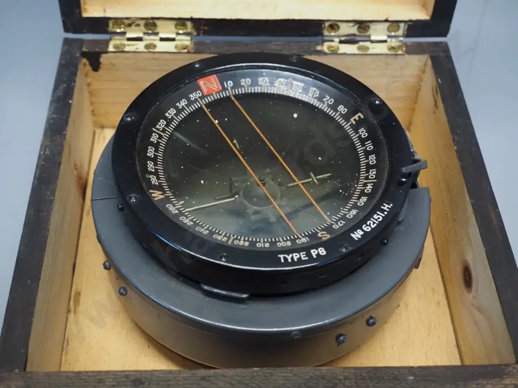 WWII era Type P8 compass fitted into wooden case - faint stamps : Admiralty Compass, Slough, 1941. Compass Diameter 130 Image 1++