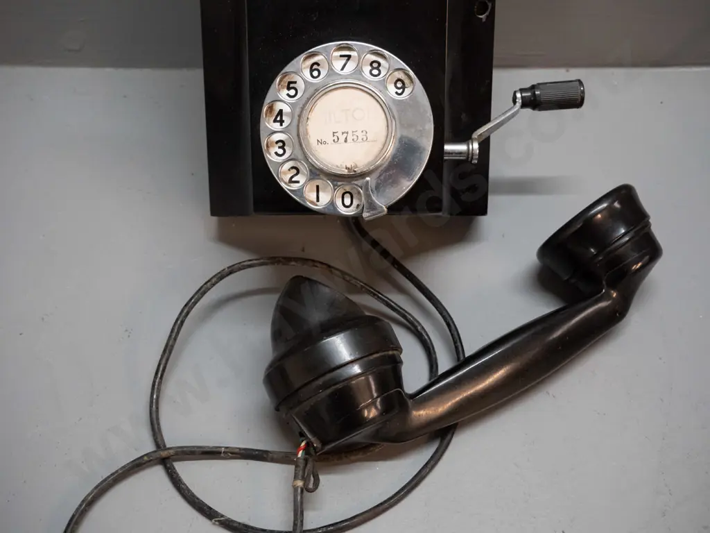 vintage bakelite wall-mount telephone with dial & hand crank, Milton 5753 insert - overall wear and tear H230 W160 D170 Image 1++