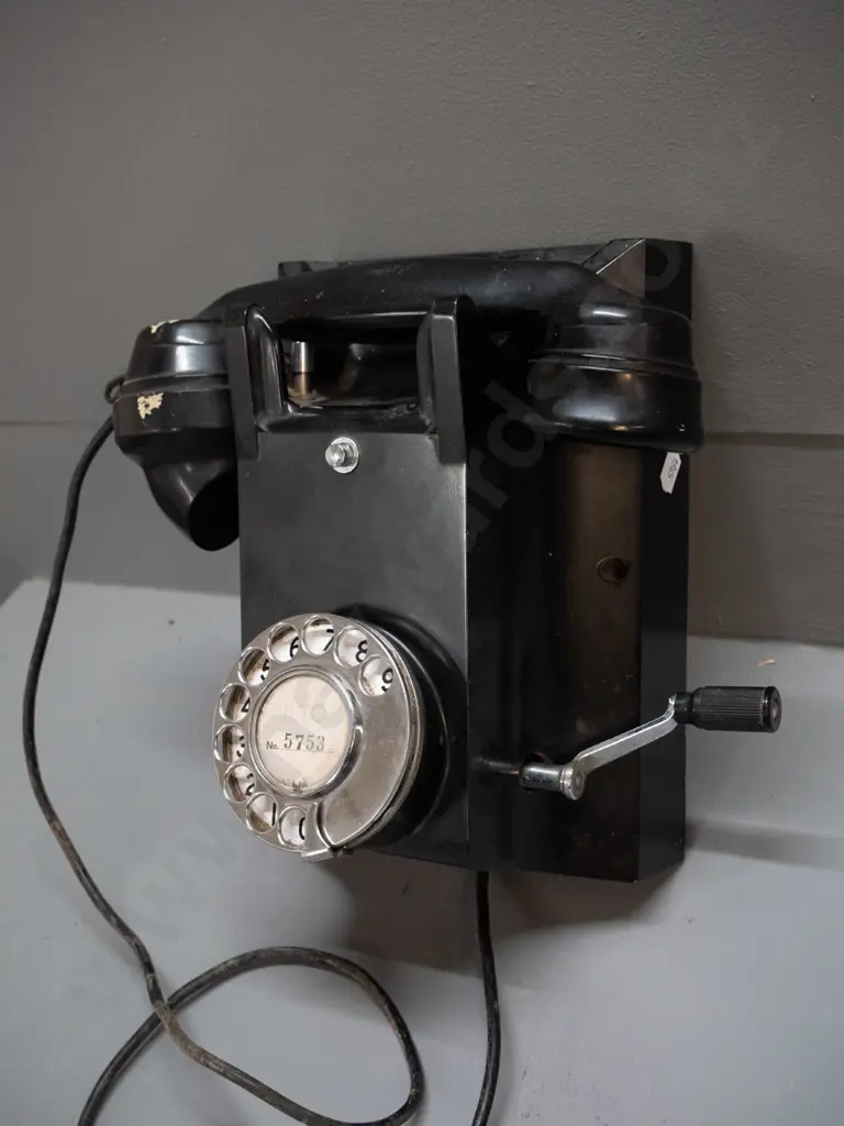 vintage bakelite wall-mount telephone with dial & hand crank, Milton 5753 insert - overall wear and tear H230 W160 D170 Image 1++