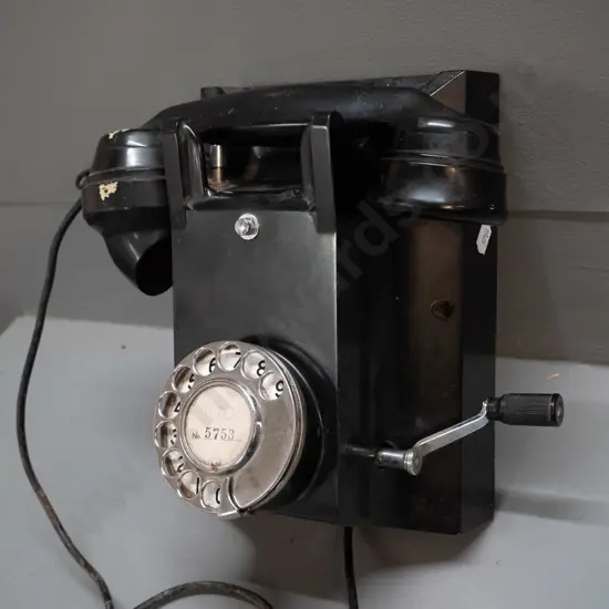 vintage bakelite wall-mount telephone with dial & hand crank, Milton 5753 insert - overall wear and tear H230 W160 D170
