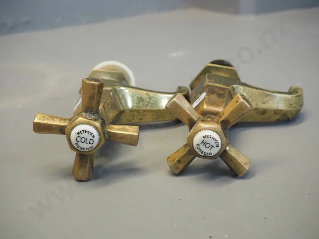 pair of vintage Methven Dunedin solid brass bathroom taps - some peeling to lacquer coating H-180 Image 1++