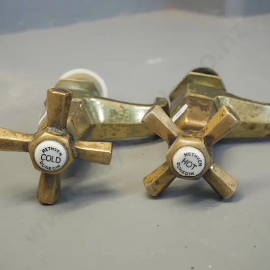 pair of vintage Methven Dunedin solid brass bathroom taps - some peeling to lacquer coating H-180