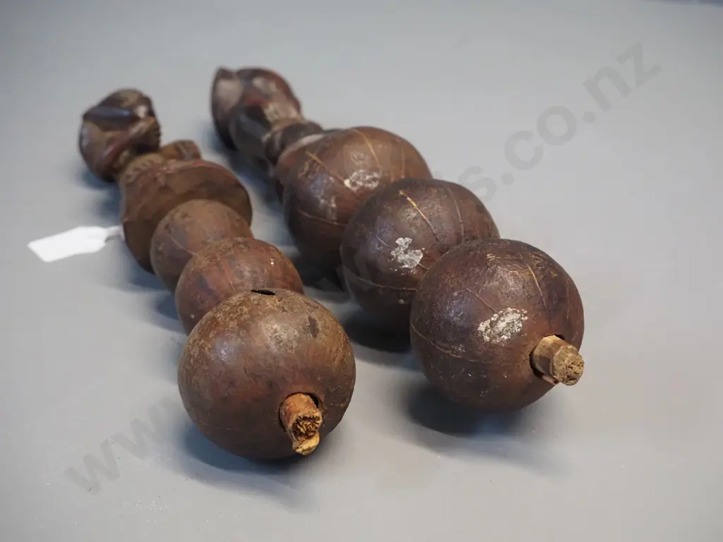 2 African Songe figural carved timber and gourd rattles - man and woman. Larger is L300 Image 1++