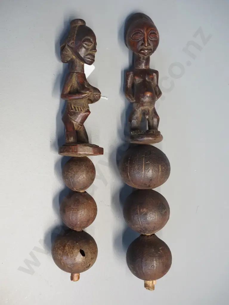 2 African Songe figural carved timber and gourd rattles - man and woman. Larger is L300 Image 1++