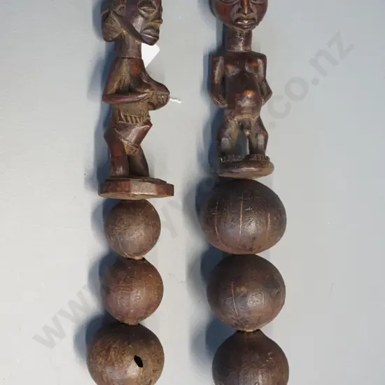 2 African Songe figural carved timber and gourd rattles - man and woman. Larger is L300
