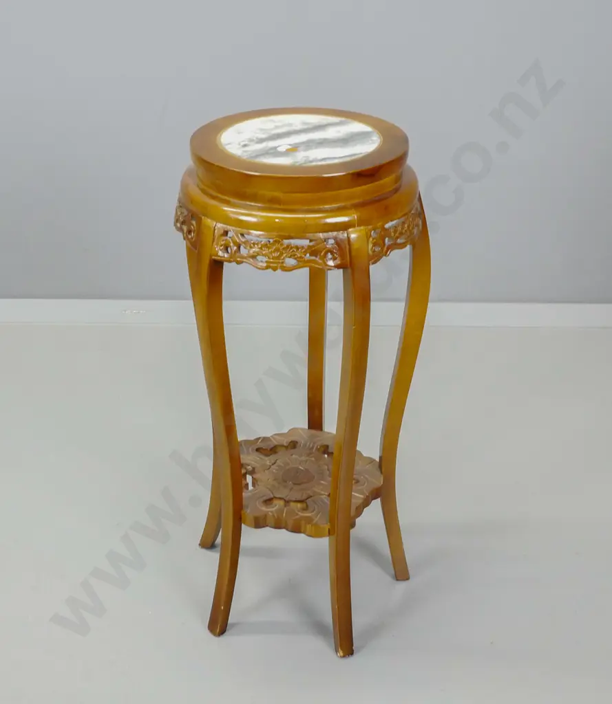 vintage round marble top plant stand on 4 sweeping legs, with carved bottom shelf H-680 D-290 Image 1++