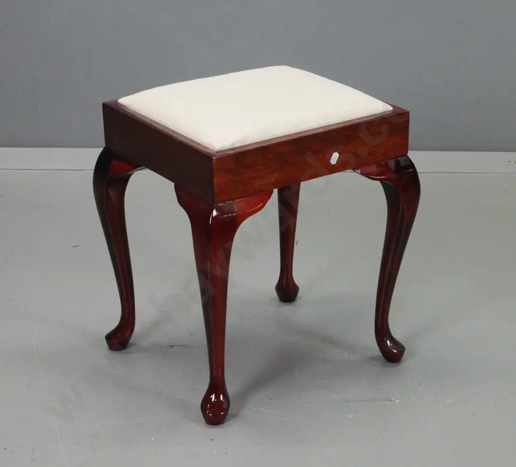 reproduction mahogany cab-leg stool with ivory coloured upholstered pop-out seat H-440 W-360 D-320 Image 1++
