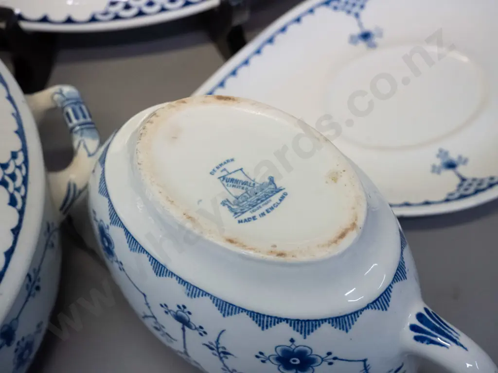 Furnival "Denmark" pattern English serving items - lidded vegetable dish, gravy & saucer, platter L-340 W-280 Image 1++
