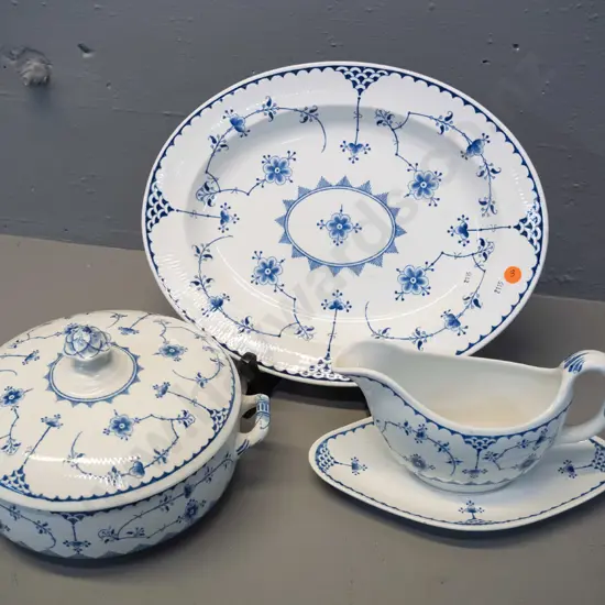 Furnival "Denmark" pattern English serving items - lidded vegetable dish, gravy & saucer, platter L-340 W-280