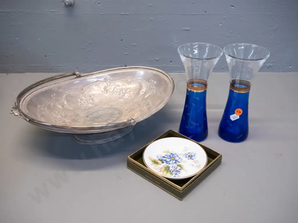 pair of Shiseido blue and clear glass vases with metal bands, small Royal Worcester "Florena" dish in box and a plated Image 1++