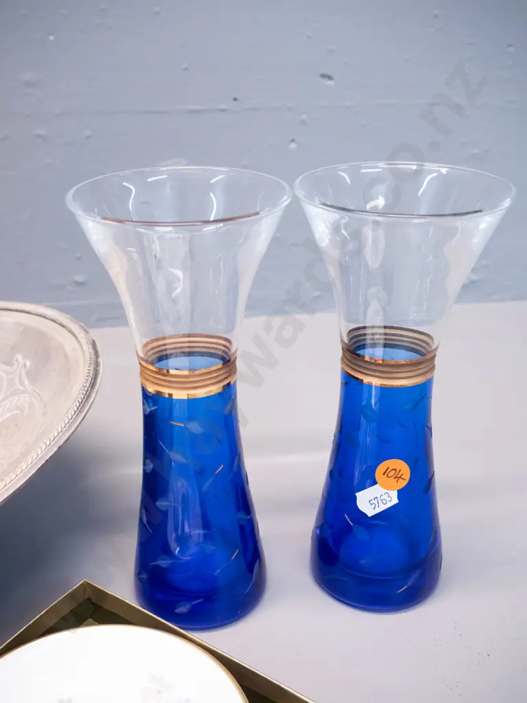 pair of Shiseido blue and clear glass vases with metal bands, small Royal Worcester "Florena" dish in box and a plated Image 1++