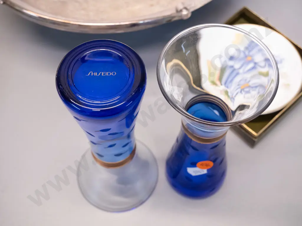 pair of Shiseido blue and clear glass vases with metal bands, small Royal Worcester "Florena" dish in box and a plated Image 1++