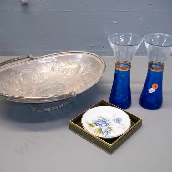pair of Shiseido blue and clear glass vases with metal bands, small Royal Worcester "Florena" dish in box and a plated