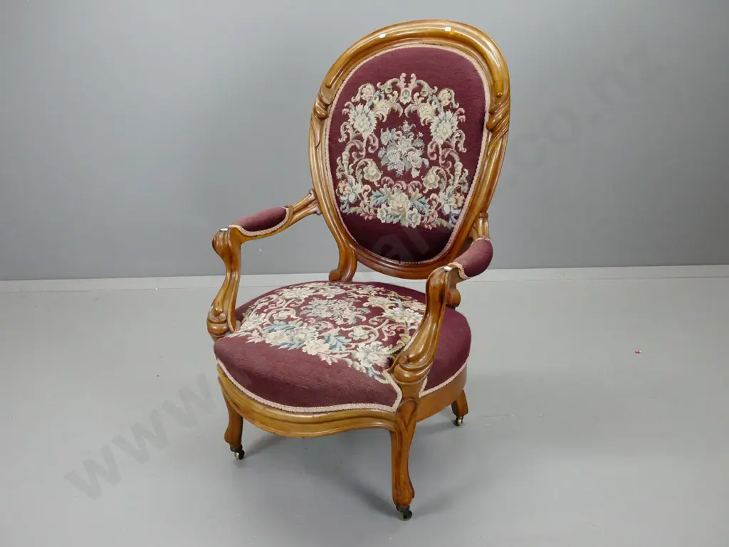 Victorian walnut medallion back gent's chair, w/ floral embroidered back and seat, on casters H-1070 W-700 D-660 Image 1++