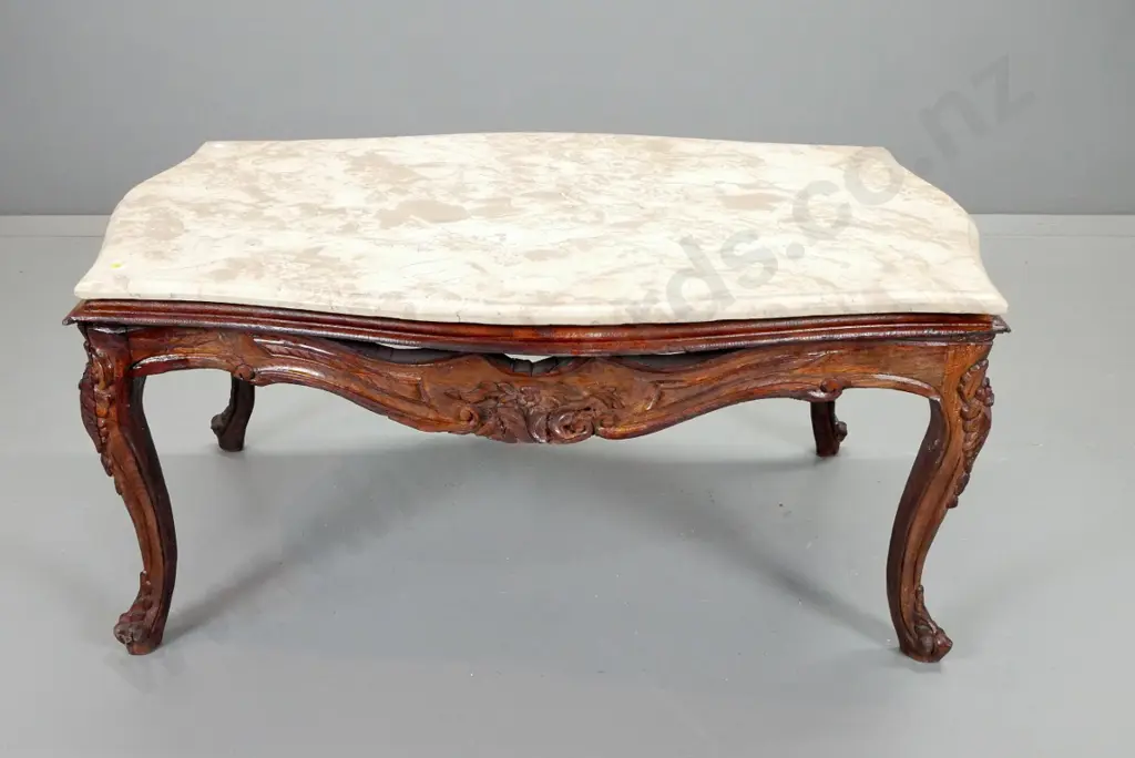 reproduction serpentine fronted coffee table on carved cab legs with multi-coloured hard stone top, some scratching H490 Image 1++