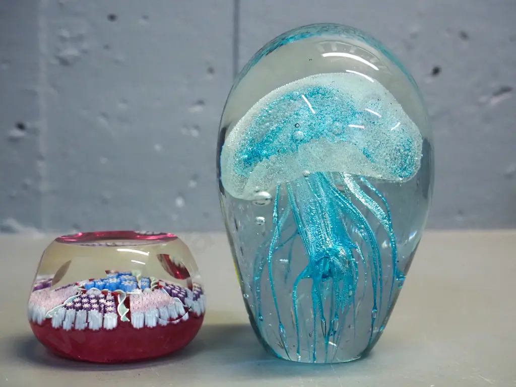 2 art glass paperweights - teal jellyfish H120 and multi-coloured millefiore style (Perthshire), no maker's marks Image 1++