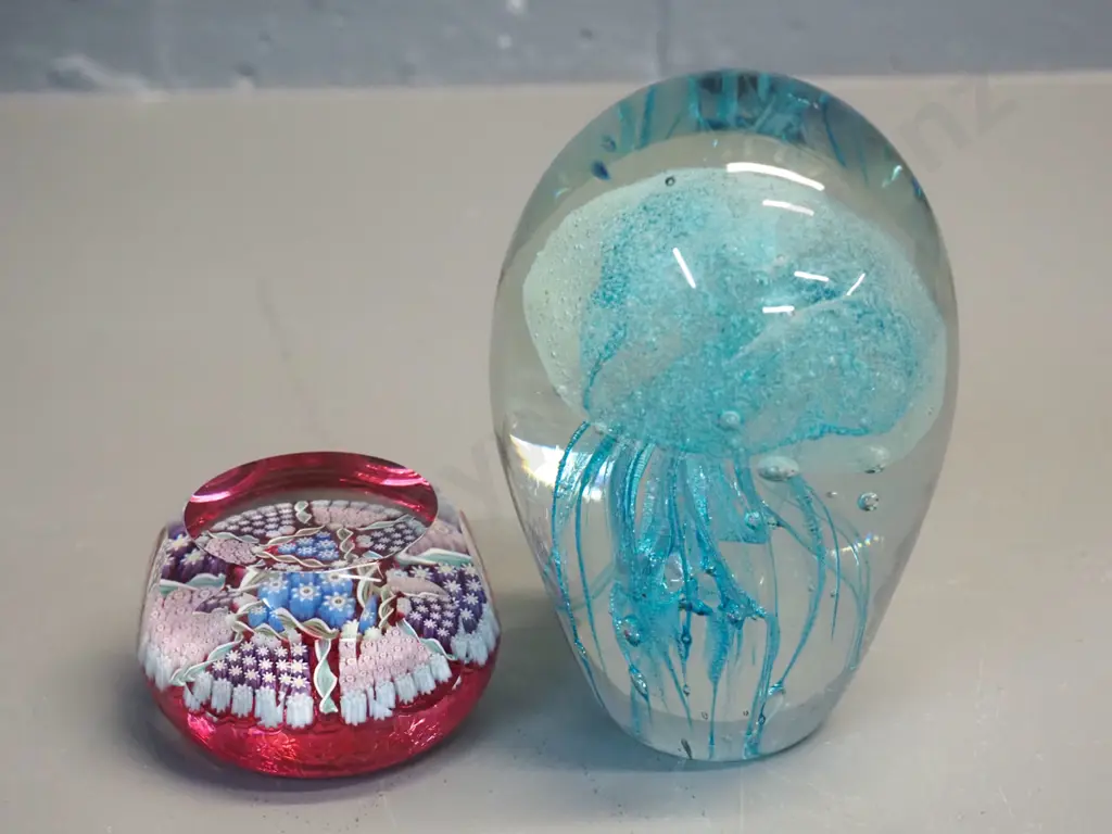 2 art glass paperweights - teal jellyfish H120 and multi-coloured millefiore style (Perthshire), no maker's marks Image 1++