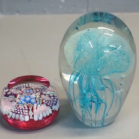 2 art glass paperweights - teal jellyfish H120 and multi-coloured millefiore style (Perthshire), no maker's marks