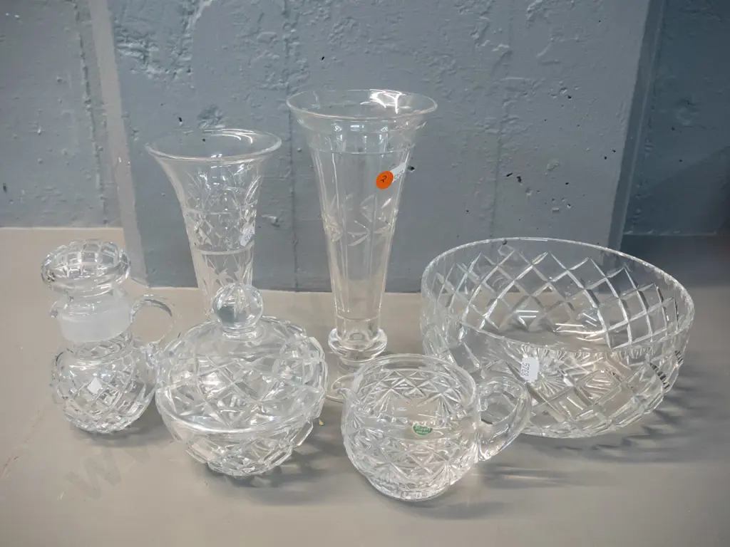 assorted English crystal including 2 Stuart trumpet shaped vases, Stuart milk jug, and a salad bowl, lidded pot and Image 1++