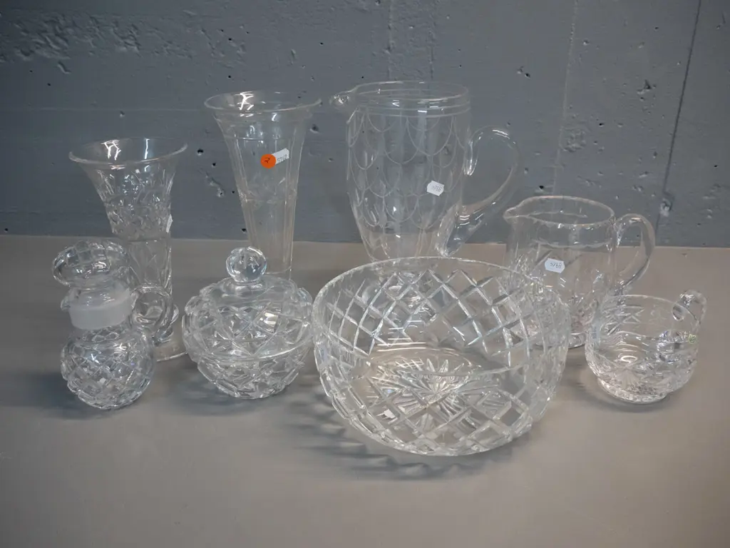 assorted English crystal including 2 Stuart trumpet shaped vases, Stuart milk jug, and a salad bowl, lidded pot and Image 1++