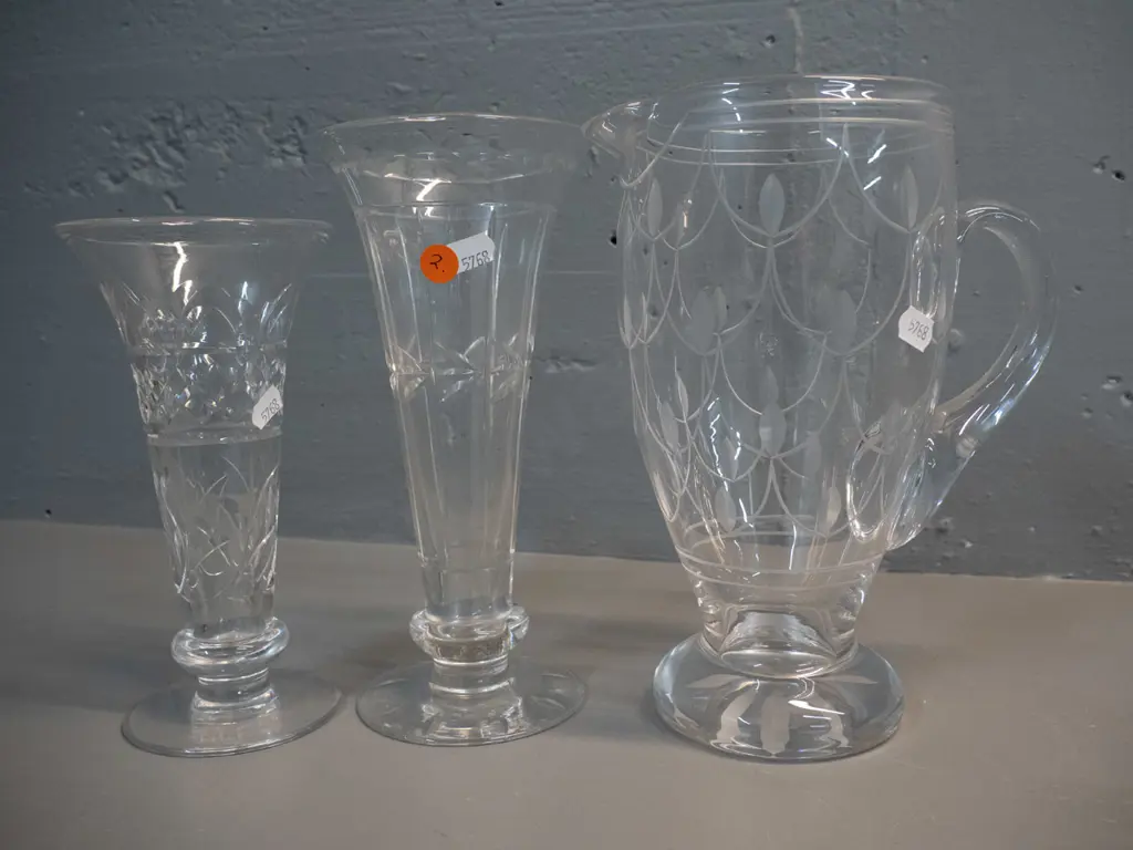 assorted English crystal including 2 Stuart trumpet shaped vases, Stuart milk jug, and a salad bowl, lidded pot and Image 1++