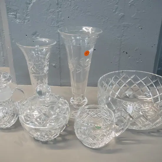 assorted English crystal including 2 Stuart trumpet shaped vases, Stuart milk jug, and a salad bowl, lidded pot and