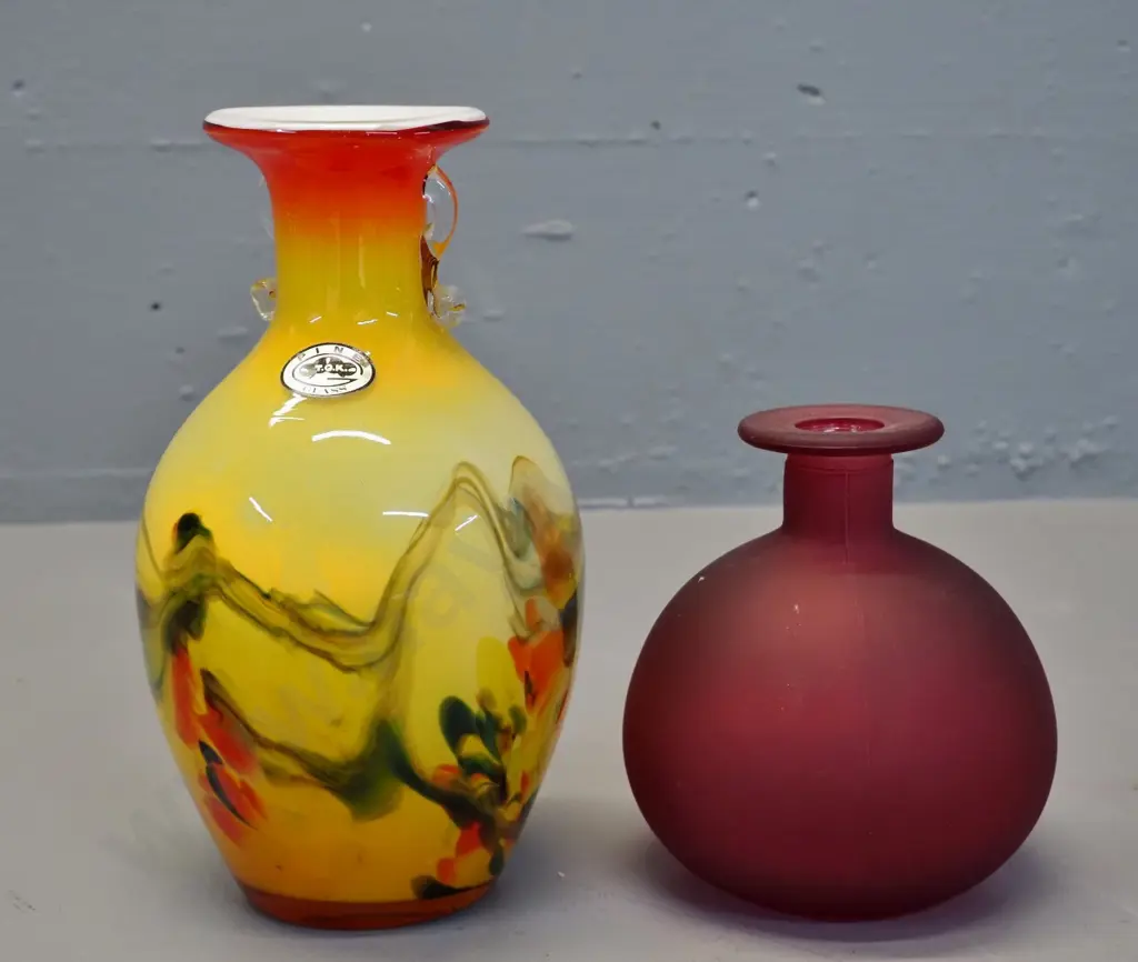 2 glass vases - multi coloured marked TGK H-200 and a matte finish wine-coloured Image 1++