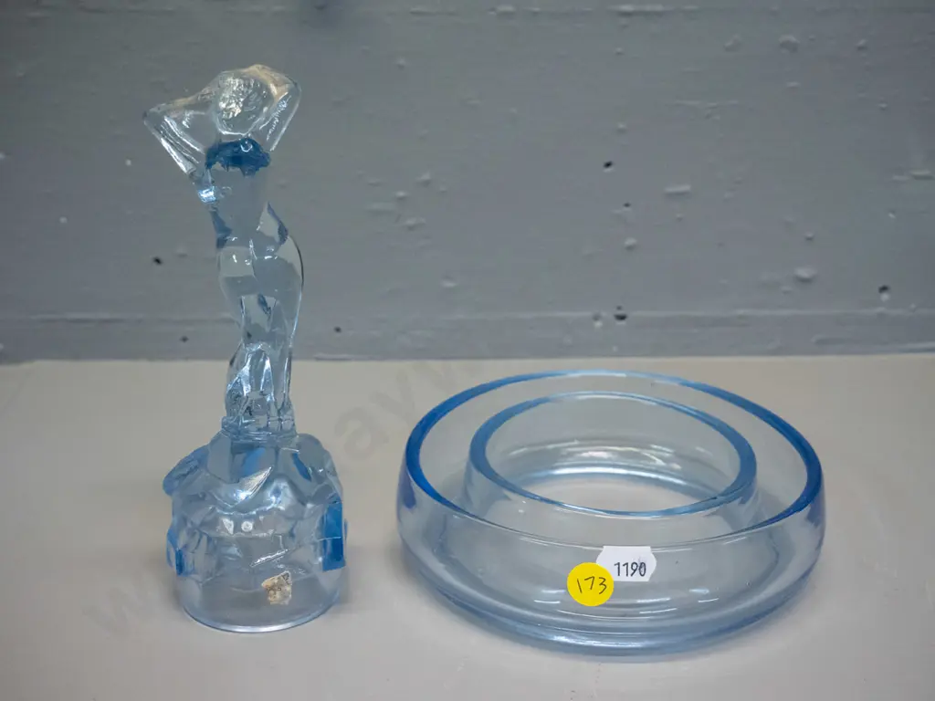 blue glass figurine (made in England) & blue glass circular trough vase H-175 D-150 Image 1++