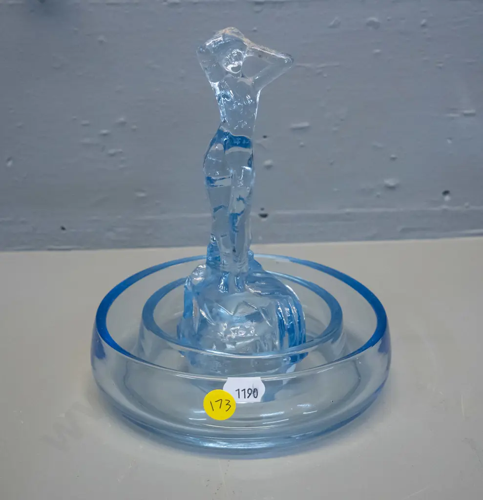 blue glass figurine (made in England) & blue glass circular trough vase H-175 D-150 Image 1++