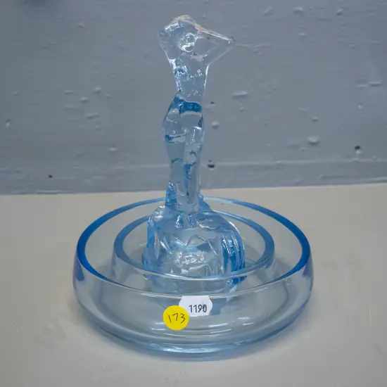 blue glass figurine (made in England) & blue glass circular trough vase H-175 D-150