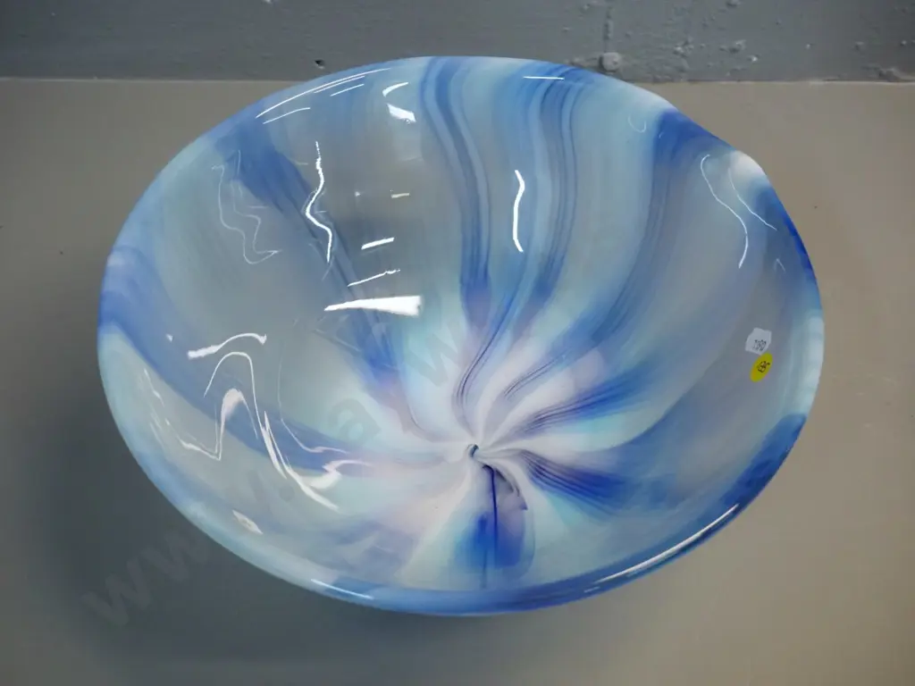 heavy art glass bowl in shades of blue H-140 D-310 Image 1++