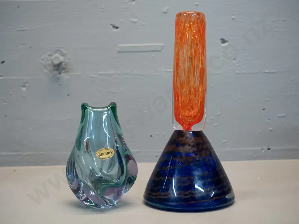 2 heavy glass vases - bud vase with orange and clear mottled top, large blue and orange swagged pattern base H-230 and a Image 1++