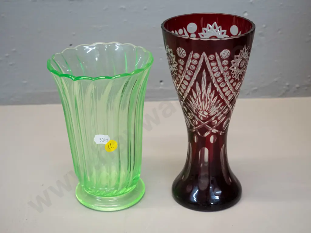 2 vintage glass vases - fluted green uranium glass and ruby cut to clear H-200 Image 1++