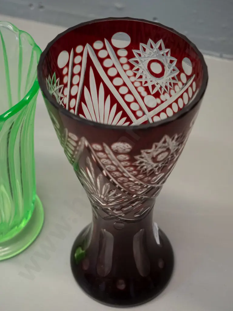 2 vintage glass vases - fluted green uranium glass and ruby cut to clear H-200 Image 1++