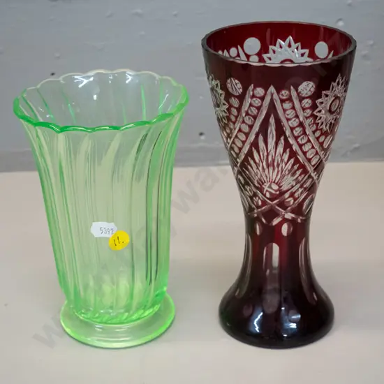 2 vintage glass vases - fluted green uranium glass and ruby cut to clear H-200