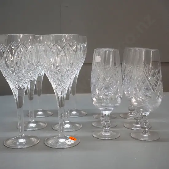 2 sets of 6 cut crystal glasses - small champagne flute and larger wine H-200