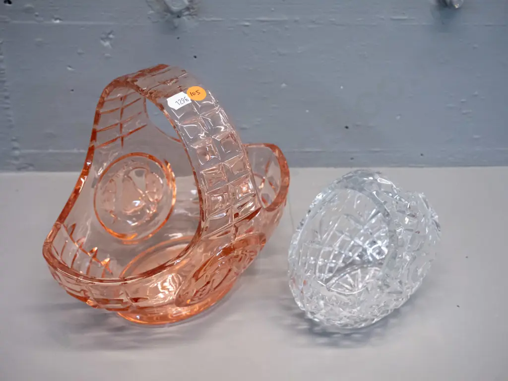 2 basket vases - pink depression glass H-210 L-230 and smaller cut crystal Image 1++