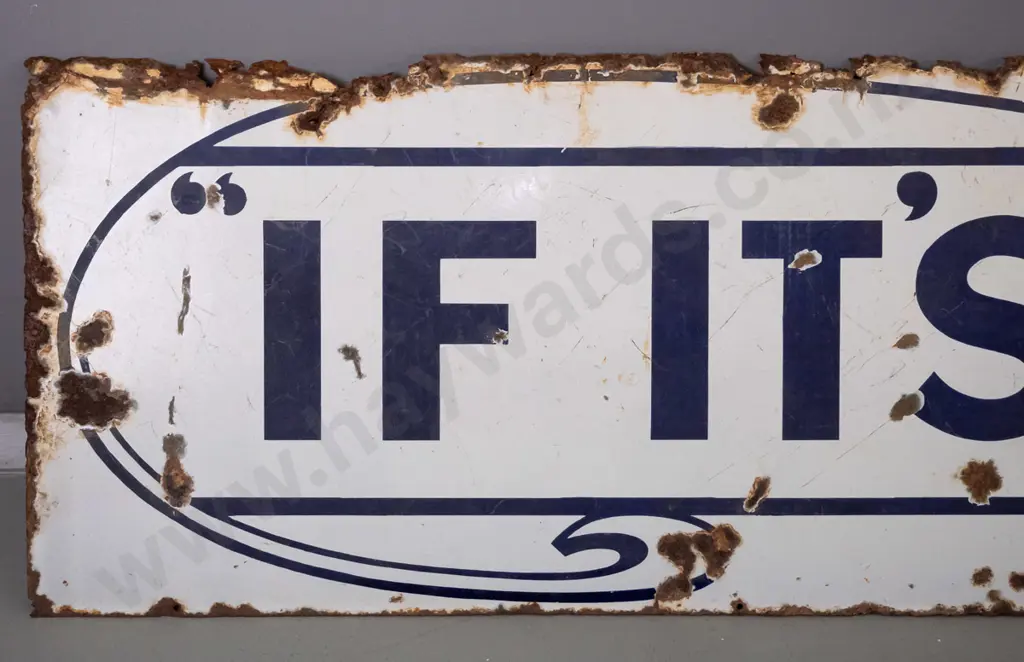 large enamel on metal HB (Hallenstein Brothers) sign, made in England - extensive damage and overall heavy corrosion Image 1++
