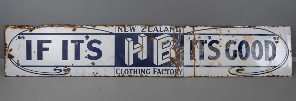 large enamel on metal HB (Hallenstein Brothers) sign, made in England - extensive damage and overall heavy corrosion Image 1++