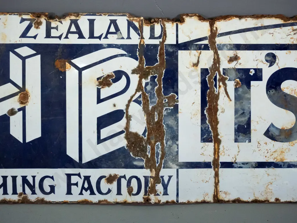 large enamel on metal HB (Hallenstein Brothers) sign, made in England - extensive damage and overall heavy corrosion Image 1++