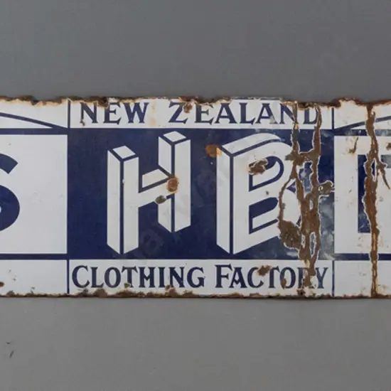 large enamel on metal HB (Hallenstein Brothers) sign, made in England - extensive damage and overall heavy corrosion