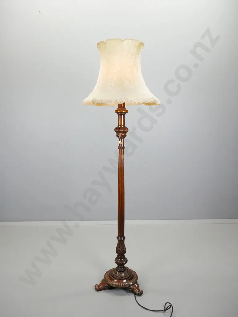 vintage carved timber standard lamp with fluted stem, carved acanthus motifs, on 3 scrolling feet with fringed ivory Image 1++