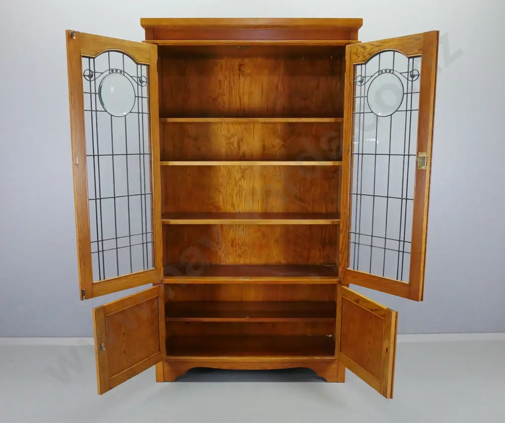 Oak arts & crafts style display cabinet with 2 leadlight cupboard doors, 3 shelves, 2 lower Image 1++