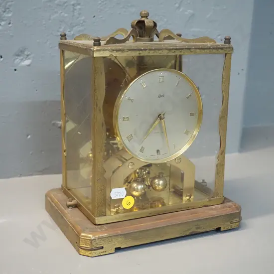 Schatz German brass and glass cased anniversary clock in restorer's condition - missing parts of movement, no key, some